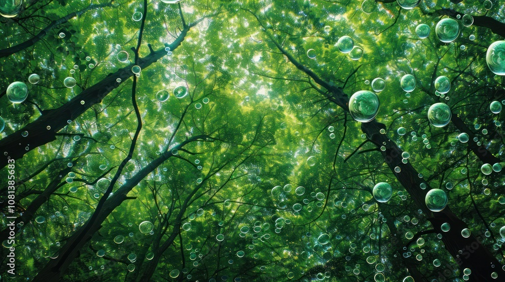 Poster a view looking up at the sky through a lush forest canopy with shimmering bubbles floating in the ai