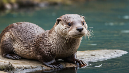 Obraz premium World otter day. An otter on natural background. Suitable for marketing or business purposes. Panoramic banner with place for text