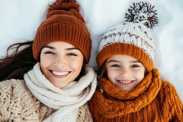 A mother and daughter, dressed warmly in knitted hats and scarves, share a joyful moment lying in snow, with big smiles and a backdrop of a snowy landscape.