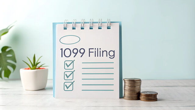 Notebook with "1099 Filing" text and coins next to a succulent plant on a light background