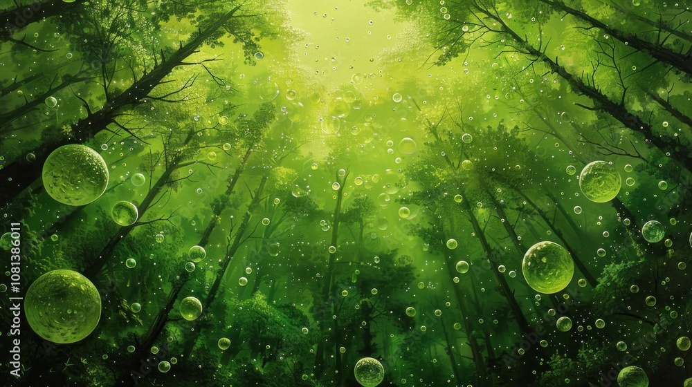Poster a low angle view looking up through a forest canopy with a mist of rain falling and floating bubbles