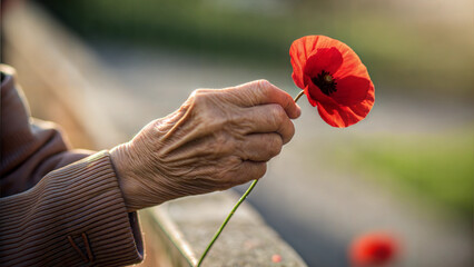 Elderly person's hand holding a red poppy flower in a natural outdoor setting