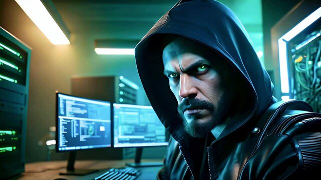 A hooded hacker with glowing green eyes in front of multiple computer monitors and a server rack in a dimly lit room.
