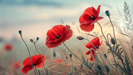 Obraz premium Beautiful field of red poppies, symbolizing remembrance and patriotism on Memorial Day