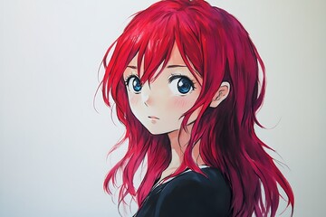 Obraz premium Anime girl portrait with long red hair and blue eyes, digital art, illustration