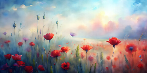 Obraz premium Beautiful impressionist painting of a poppy field with vibrant colors and soft mist . Poppies in remembrance