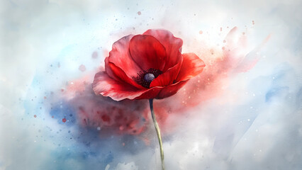 Beautiful red poppy flower with watercolor splash effect for Remembrance Day