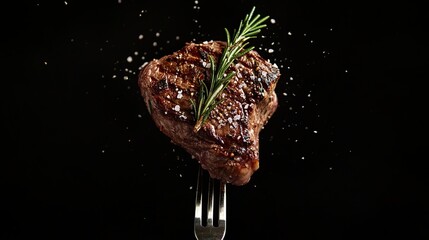 Grilled delicious steak with a sprig of green rosemary, salt and pepper on a fork isolated on dark background with space for text or naps close up
