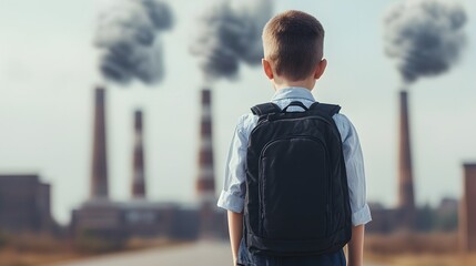 A child stands in awe of industrial pollution highlighting environmental concerns for future generations