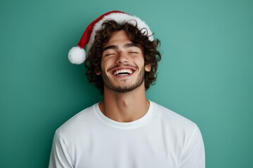 A young man with curly hair and a vibrant smile wearing a Santa hat, showcasing a joyful spirit and festive cheer in front of a solid green backdrop.