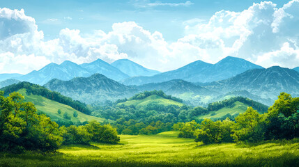 Rolling green hills with mountains in the distance.