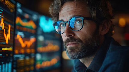 business analyst focused on complex financial data, analyzing trends and patterns on multiple screens. His intense expression reflects importance of his work