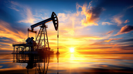 Oil pump jack silhouette at sunset over calm water, symbolizing energy trends. vibrant colors of sky reflect on surface, creating serene yet powerful image