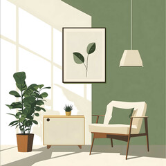 Simple vector art 2D green and cream colors home interior scene simple shapes minimalism professional graphics flat colors high contrast
