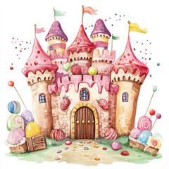 whimsical candy castle with colorful towers, surrounded by sweets and treats, evokes sense of joy and imagination. Perfect for children themes and fantasy illustrations