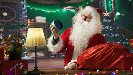 Saint Nicholas emphasizing Christmas eve with a wall clock in his festive cabin, feeling the...