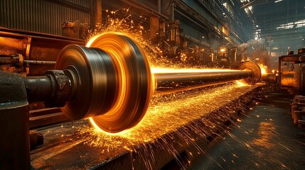 Metal pipe being processed by industrial machinery in a factory, creating sparks and light