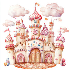 Fototapeta premium whimsical candy castle with colorful towers and sweet decorations, surrounded by fluffy clouds. Perfect for children illustrations and fantasy themes