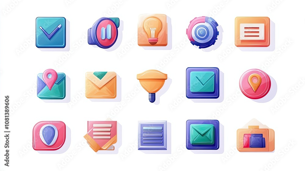 Poster colorful glossy square and round buttons with various icons
