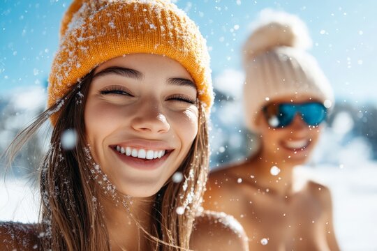 Two joyful women are smiling amidst a snowy landscape, wearing colorful winter hats, exuding happiness and warmth in the chilly weather.