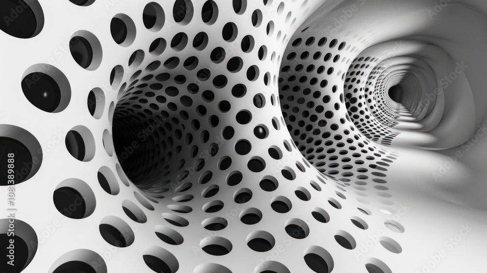 Poster abstract 3d rendering of a white tunnel with circular openings.