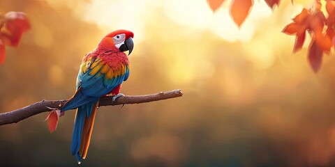 Animals pets migration concept. A vibrant parrot perched on a branch, surrounded by beautiful autumn leaves and a warm, blurred background.