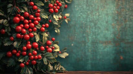 Festive arrangement of red berries and green leaves on textured backdrop.