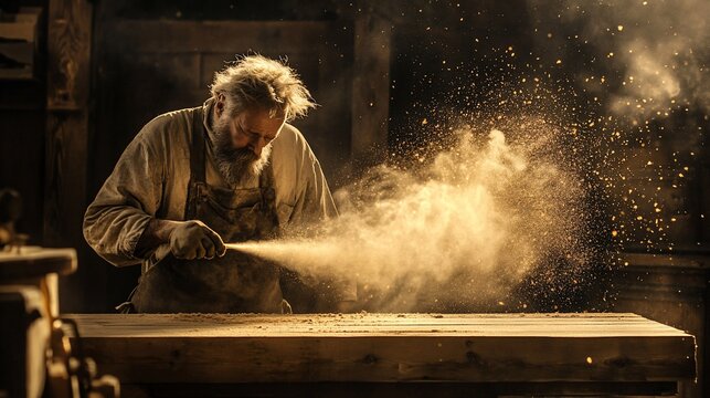 A bearded carpenter works on a wooden plank in his workshop, sending a cloud of sawdust into the air.