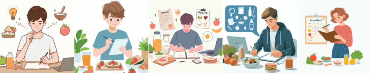 vector, a teenager, is preparing inspiration for a healthy breakfast menu with a simple and minimalist flat design style. plain white background