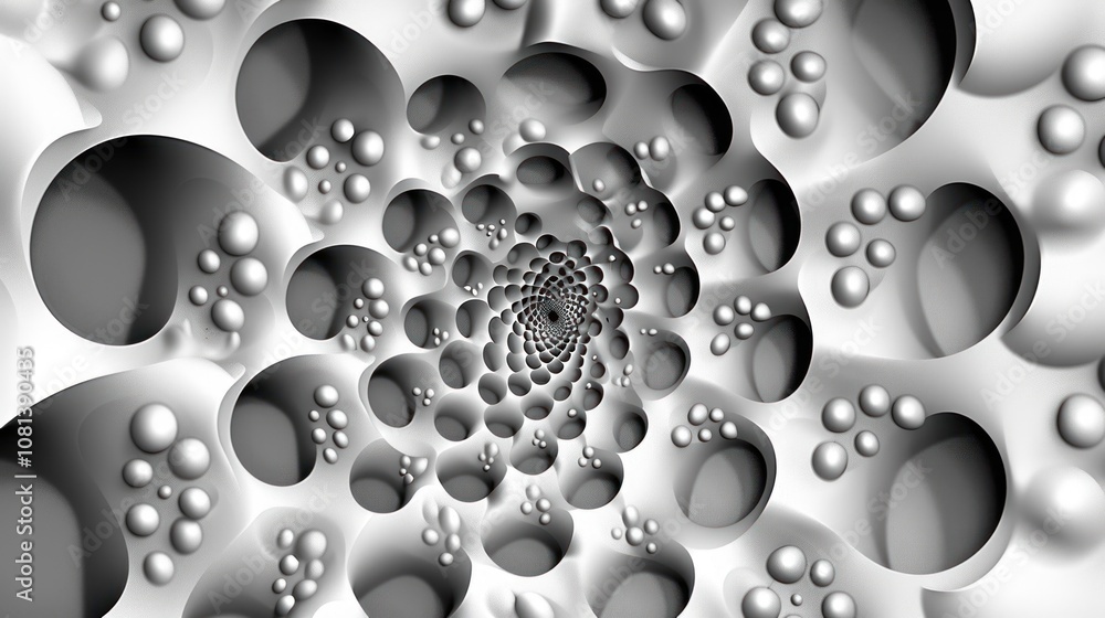 Poster abstract 3d design with a repeating pattern of circles and spheres forming a spiral, creating a sens