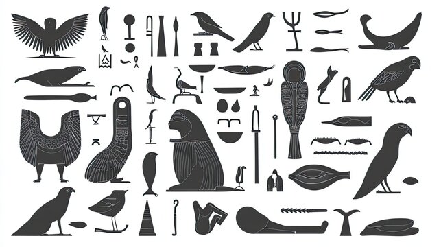 Collection of Ancient Egyptian Hieroglyphs Depicting Birds, Animals, and Symbols