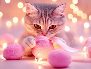 A playful kitten interacts with pink decorative eggs, surrounded by soft lights, creating a whimsical and festive atmosphere.