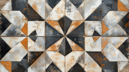 Geometric pattern of interlocking triangles in brown, black, and white mosaic design