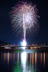 河口湖の水面に映る美しい花火