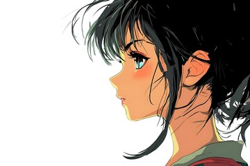 Anime girl profile view, long black hair with blue eyes