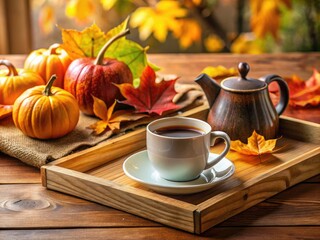 Cozy Autumn Coffee Set on Wooden Tray - Macro Photography of Seasonal Kitchen Decor, Warm Coffee, Rustic Tray, Fall Aesthetic, Hot Beverage, Home Comfort, Kitchen Essentials