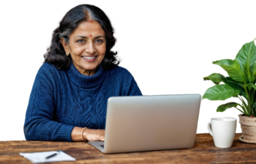 Smiling middle aged Indian woman with wavy hair using laptop isolated on white or transparent background, mature entrepreneur or manager doing home office, browsing the web or taking online course