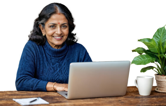 Smiling middle aged Indian woman with wavy hair using laptop isolated on white or transparent background, mature entrepreneur or manager doing home office, browsing the web or taking online course - Powered by Adobe