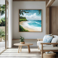 wire thin wooden frame with thin borders hanging in a room with a balcony overlooking a Hawaiian beach warm ocean friendly feelings 36 inches wide by 24 inches tall 32