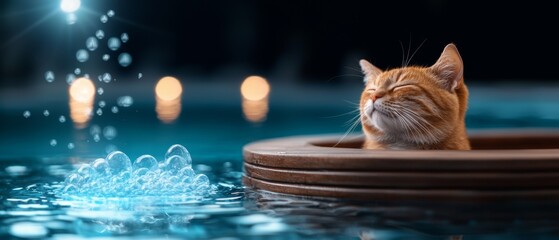 A cat enjoys a refreshing soak in water, with bubbles and soft lights creating a serene, playful atmosphere.
