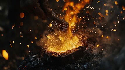 Sparks Fly from a Hammer Striking Hot Metal