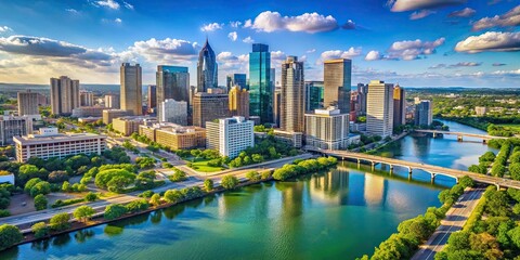Fototapeta premium Aerial view of downtown Austin, Texas with skyscrapers, Colorado River, and city skyline, Austin, Texas