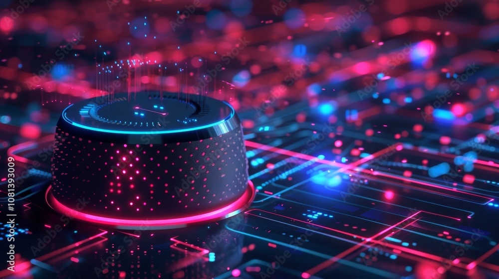 Poster futuristic device with glowing lights controlling complex circuit board with data flow, representing