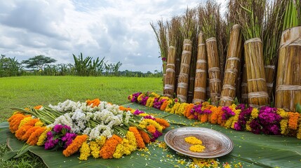 Fototapeta premium A vast sugarcane field with four sugarcanes decorated on the right side, surrounded by a pile of green grass and vibrant flowers. Below, flowers are placed on a plate, along with an aarti plate, 