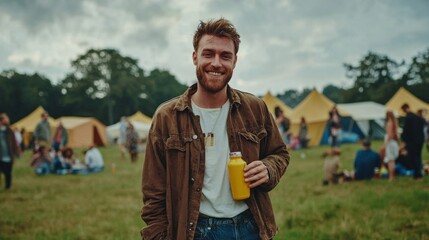 Young man smiling with a drink at an outdoor festival surrounded by tents in a grassy field during a cloudy day