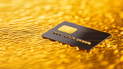 credit card resting on shimmering golden water ripples, creating luxurious and elegant atmosphere. golden hues reflect opulence and wealth