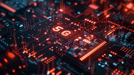 Fototapeta premium Complex circuitry pulses with vibrant red energy, showcasing the power of 5g technology and its potential to revolutionize communication in a futuristic setting