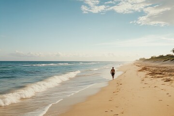 A Person Walks Along a Serene Beach During Sunset With Gentle Waves Lapping at the Shore