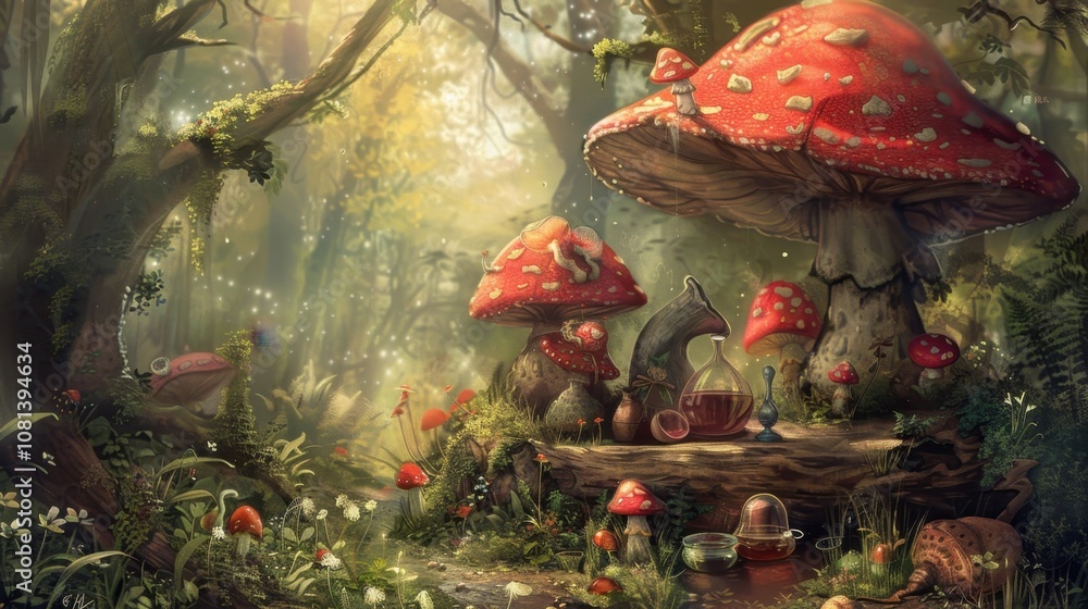 Poster beneath a of toadstools a tiny round creature with rosy and a pointed hat busily prepares potions an