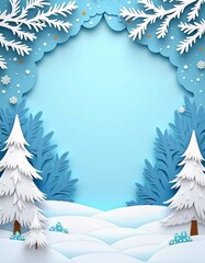 A handcrafted winter scene features delicate paper cut designs of snow-covered trees and intricate snowflakes against a soft blue background for holiday decor. New Year, Christmas. Generative AI